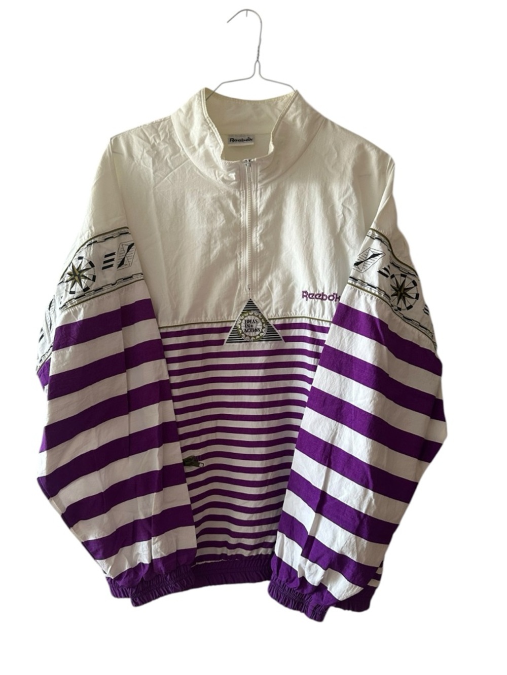 Vintage Reebok White and Purple Striped Half-Zip Pullover 90s Windbreaker Jacket
